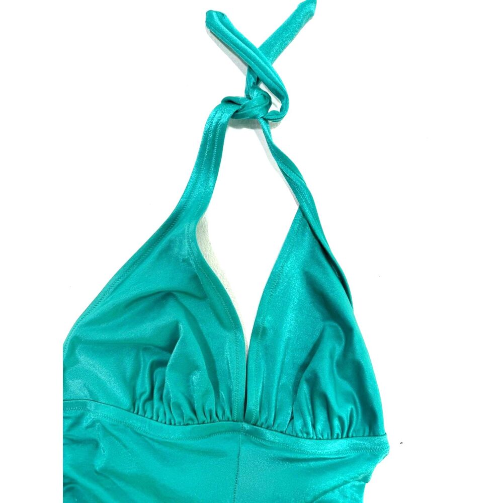 DeWeese Design vintage teal bathing suit - tie halter w/rouched sides - 70s/80s - Picture 3 of 8